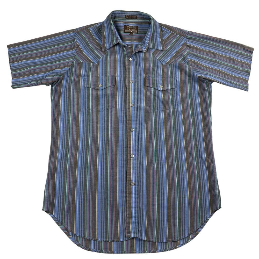 Vintage Western Two Pocket Pearl Snap Rainbow Striped Western Shirt Size Large